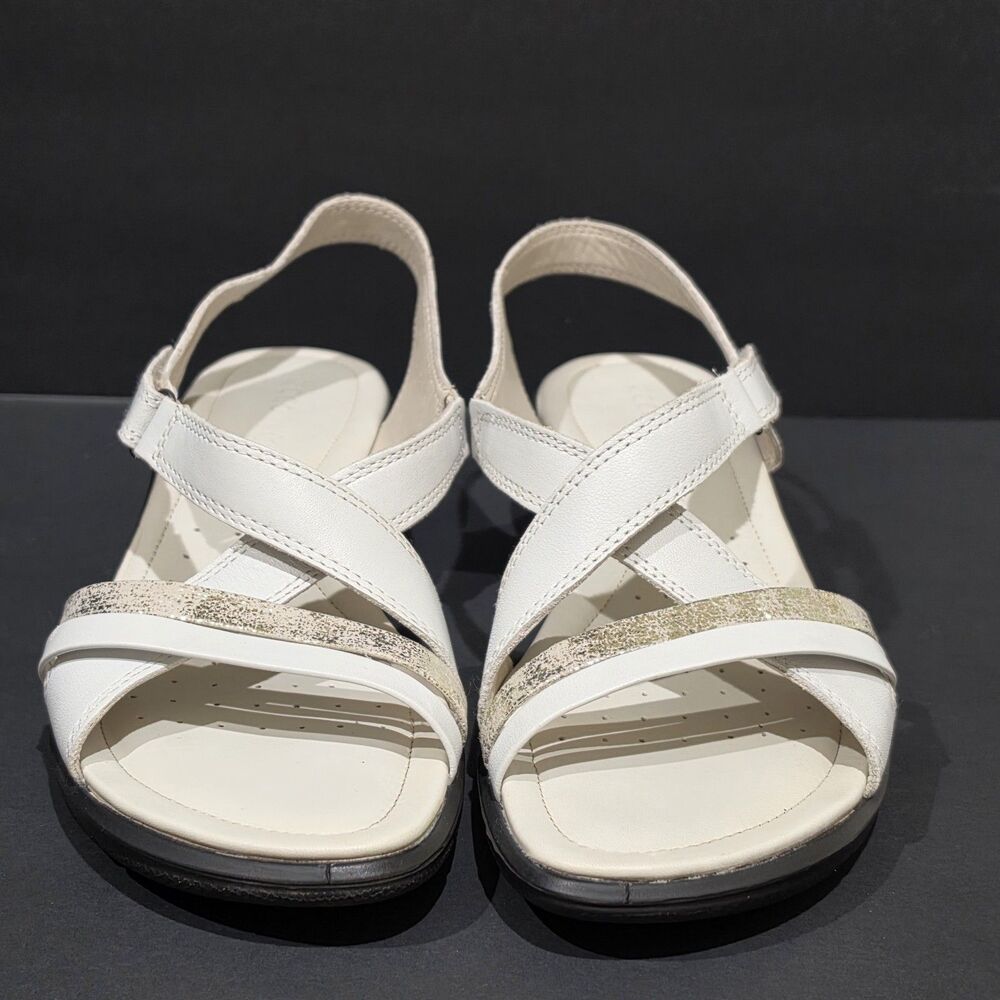 Ecco Felicia Wedge Slingback Strappy Sandals White Leather Womens 41 Sz 10-10.5